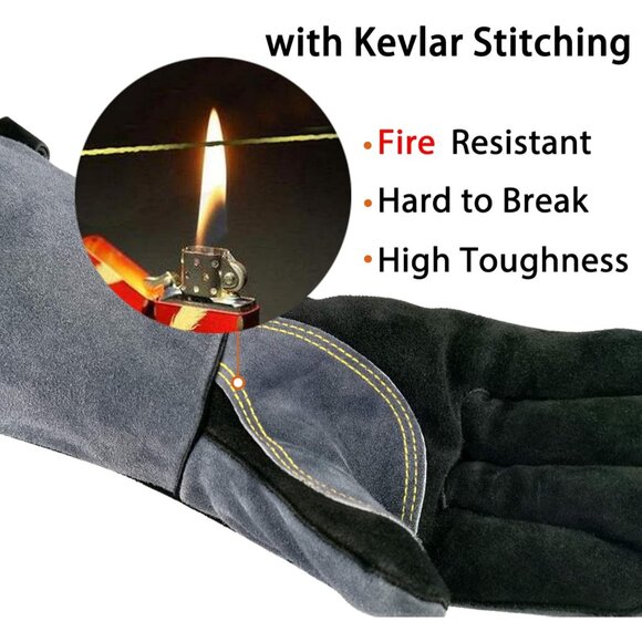 Men Black/Grey 16 Inches Fire & Heat Resistant Fireplace Leather Welding Gloves - Picture 3 of 6